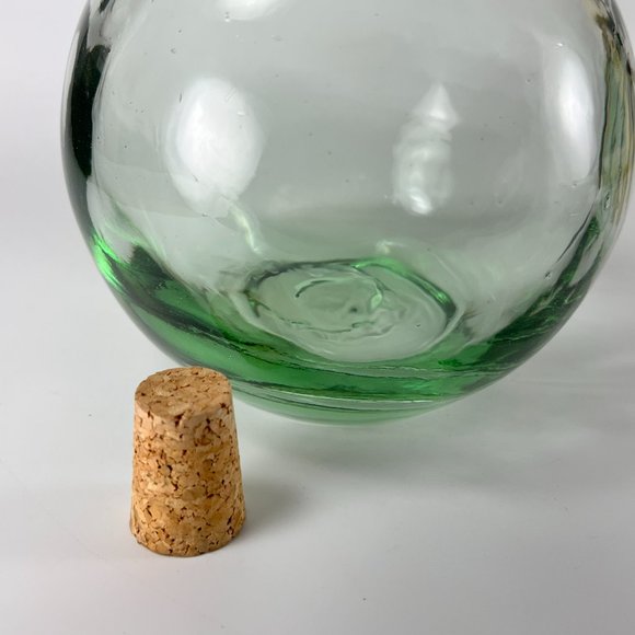 Hand Blown Round Glass Bottle Jug Decanter Green Hue Decorative Vtg Retro Look - Picture 7 of 8